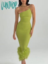Lunivop Elegant One Shoulder Fur Bottom Midi Dress For Women Robe Summer New Sleeveless Bodycon